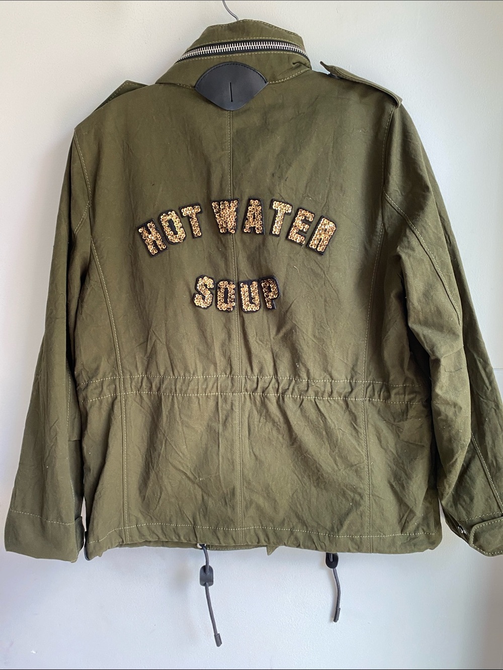 Coach Hot Water Soup Coat Jacket Green Military Style Leather Sequins Crystal M